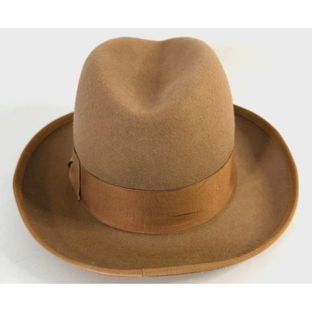 Vintage Shin Jin NY Camel Fedora 100% Wool Felt Hat w/Feather Size M USA Made